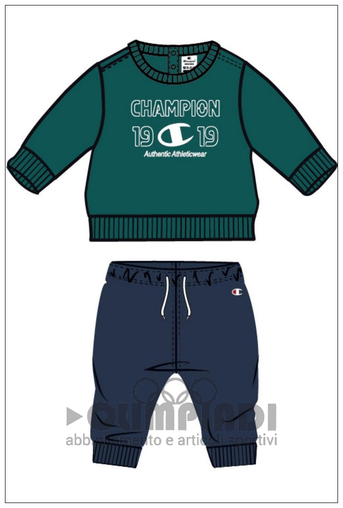 Tuta Neonato Champion Crewneck Suit - 307561 Verde e Blu | French Terry